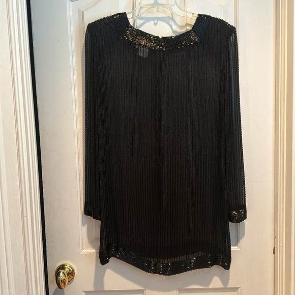 A.J. Bari Vintage black silk top with beaded black beads. It’s sheer. - Picture 3 of 8